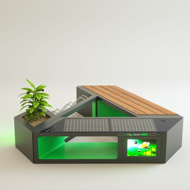Smart modular bench with solar charging and bicycle rack Smart modular bench with solar charging and bicycle rack