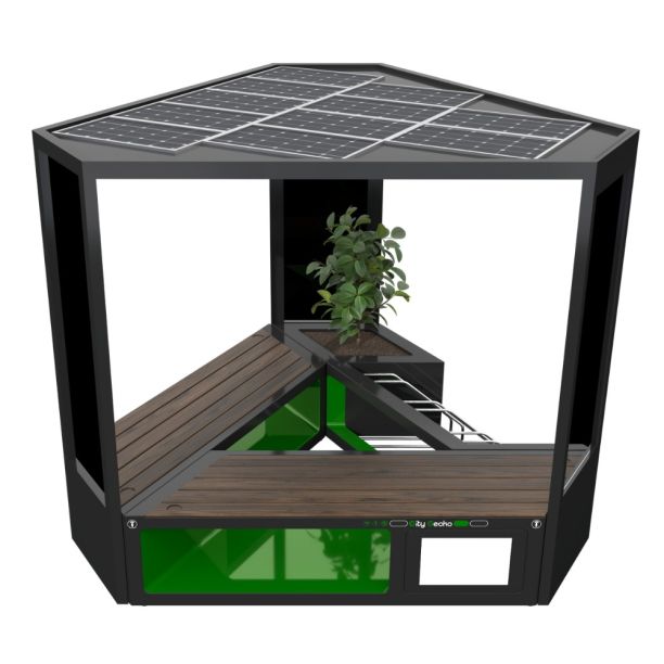 Modular outdoor bench with solar charging and bicycle rack Modular outdoor bench with solar charging and bicycle rack